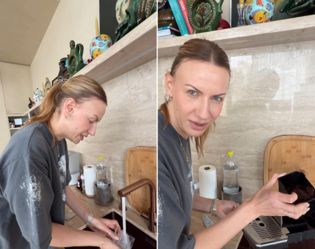 Леся Нікітюк готує Славі Дьомінові каву