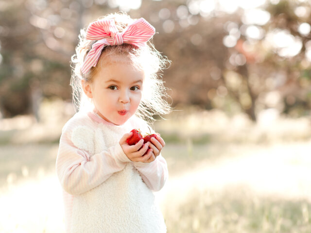 Cute kid girl holding strawberries outdoors. Looking at camera.