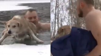 Парень в -20 прыгнул в воду, чтобы спасти собаку: видео спасения облетело Сеть