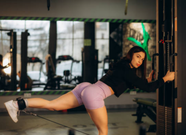 Спортзал, тренировка, махи назад в кроссовере, кадр из видео