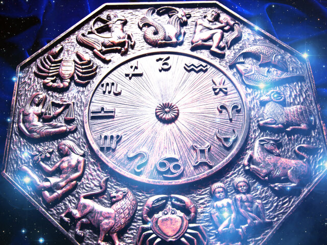 Magic zodiac with astrology signs and blue stars