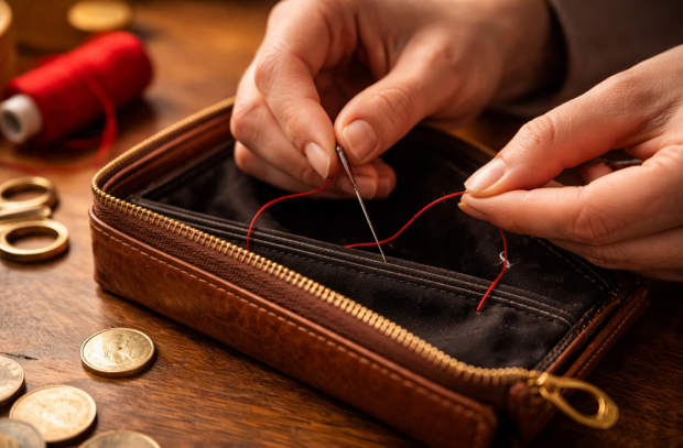 Ритуал на "пришивання" грошей, гаманець, зображене з вільних джерел