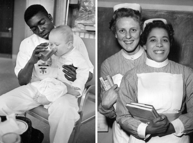Медбрат кормит малыша, Англия, 1965 год и медсестры после церемонии награждения за успехи в медицине