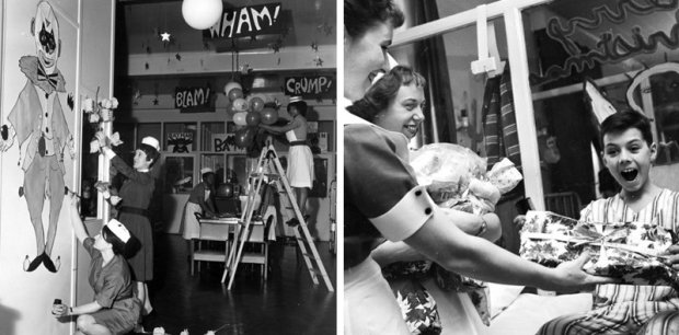 Медсестри прикрашають лікарню до різдвяних свят, Лондон, 1966 рік. Маленький хлопчик у педиа