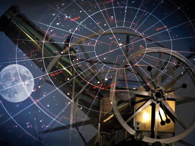 Astronomical Abstract Background With Star Map, Old Telescope An