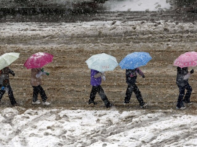 Local residents hold umbrellas as they walk on street as it snows in Shanghai