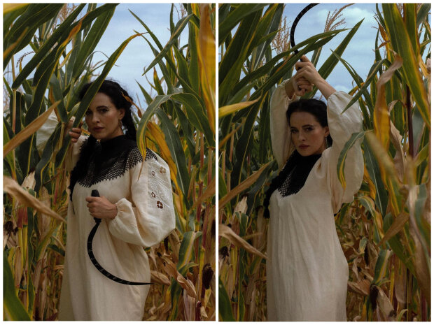 Босая и с серпом: Даша Астафьева в образе славянской богини позирует в кукурузном поле