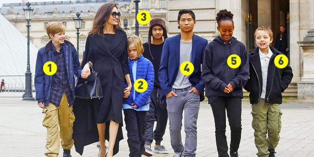 Шайло, Вивьен, Пакс, Мэддокс, Захра и Нокс прогуливаются с матерью — Анджелиной Джоли